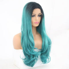 Perruque lace front synthétique ondulée effet naturel VIP Extensions, racines noires et longueurs bleu sarcelle, 24", couleur 1BTDB (35)
