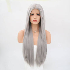 VIP Extensions Silver Grey Straight Synthetic Lace Front Wig, 24", Color 0906 (75)