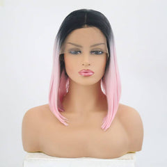 VIP Extensions Off Black to Light Pink Straight Bob Synthetic Lace Front Wig, Style 25