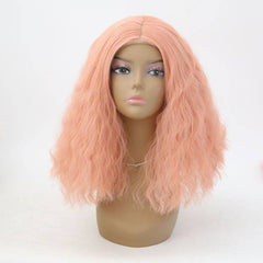 Peluca frontal de encaje sintética bob con ondas de agua rosa melocotón VIP Extensions, 16", color 1532