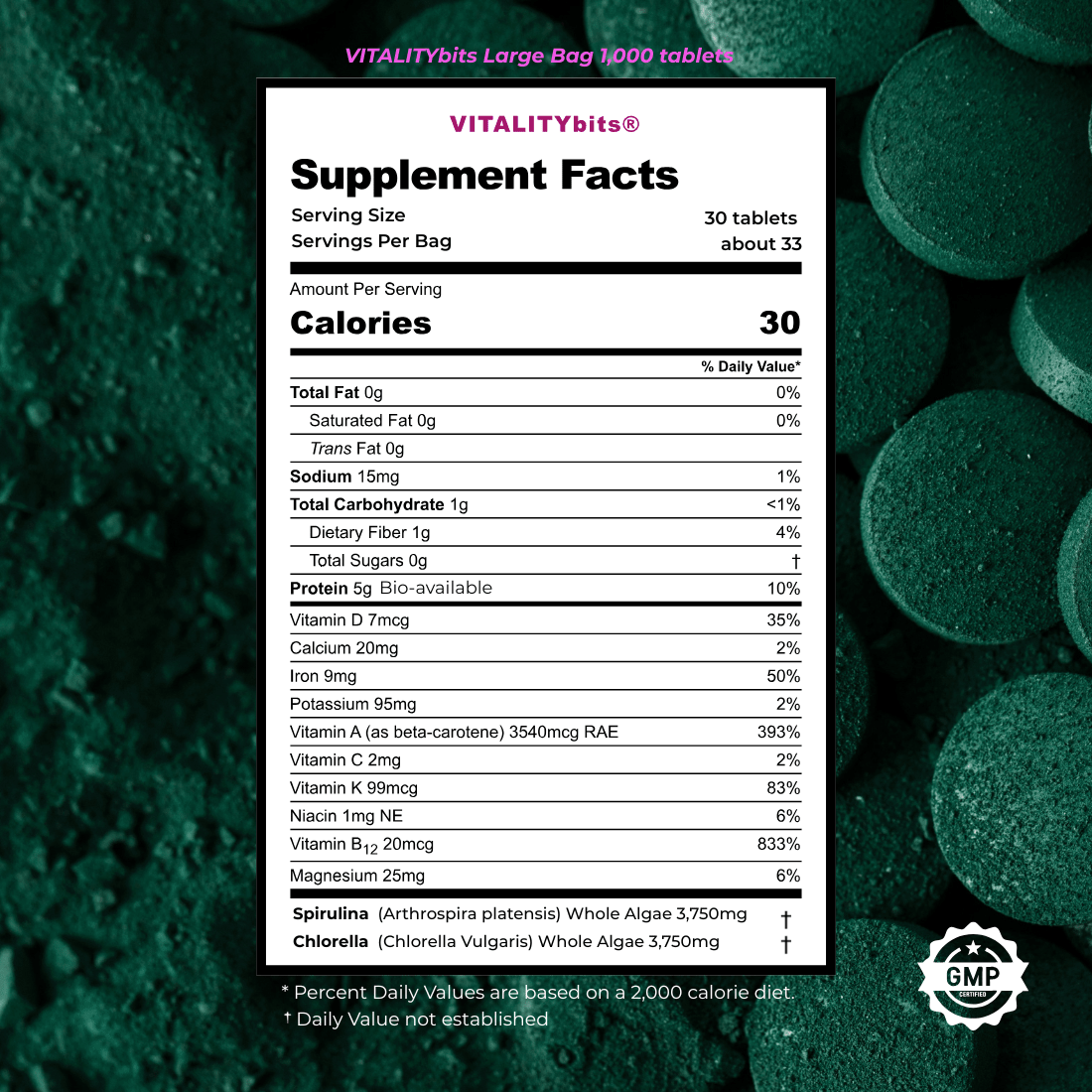 Front package display of VITALITYbits Spirulina Chlorella Tablets large bag