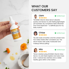 Vitamin Glow Serum showcased with customer testimonials and glowing reviews for effective skincare results.