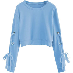 Women's Casual Lace-Up Long-Sleeved Pullover Crop Top Sweatshirt