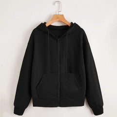 Zip Up Drop Shoulder Drawstring Hoodie